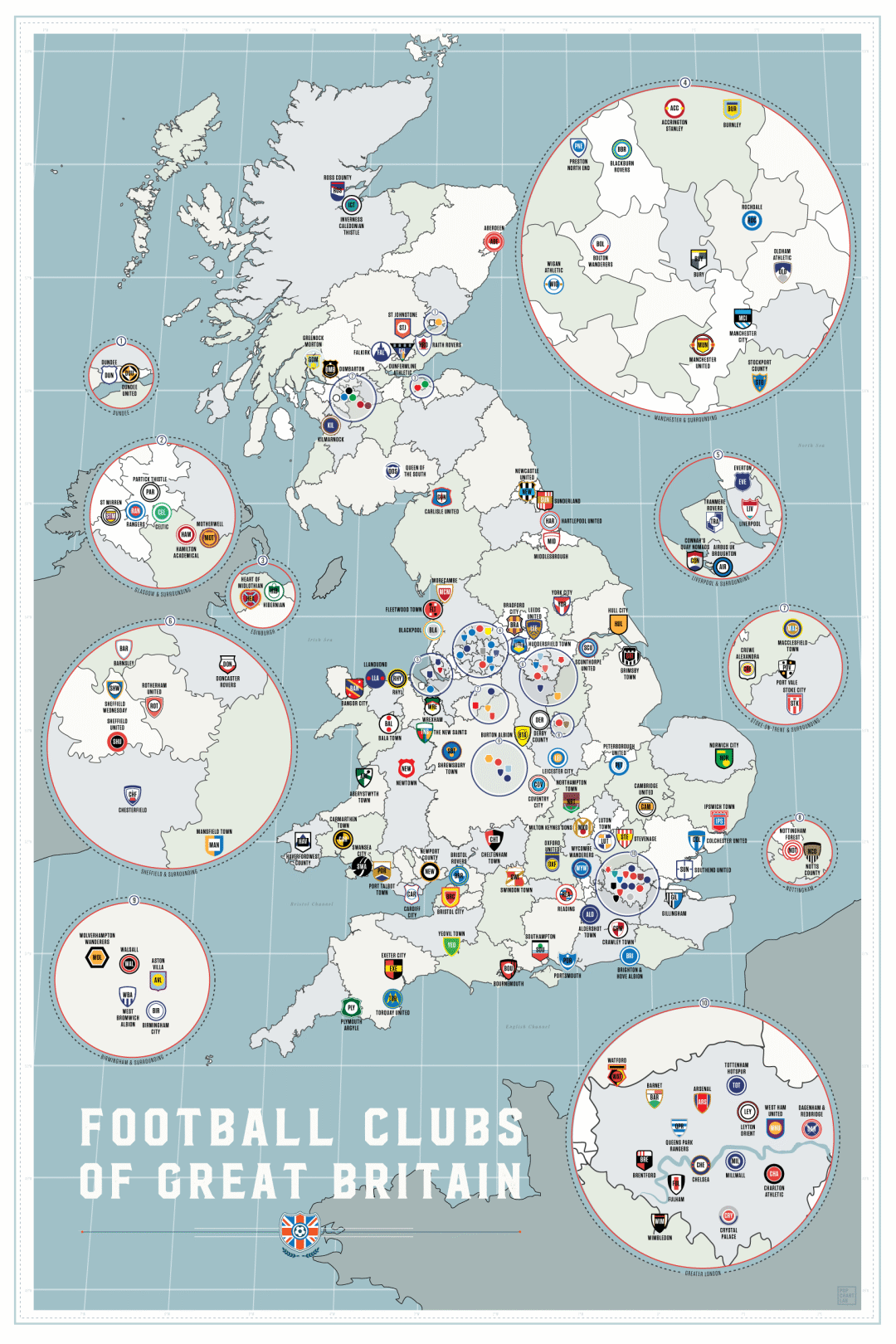 所有英国俱乐部以及地图上的位置: r/soccer